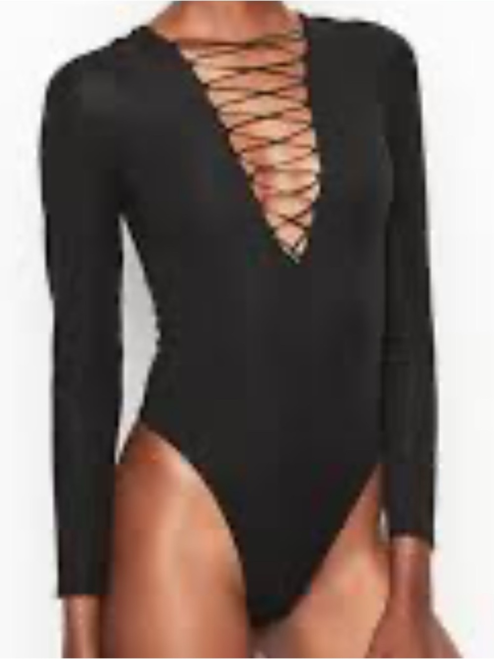 Victoria's Secret Black Long-Sleeve Lace-Up One-Piece Swimsuit
